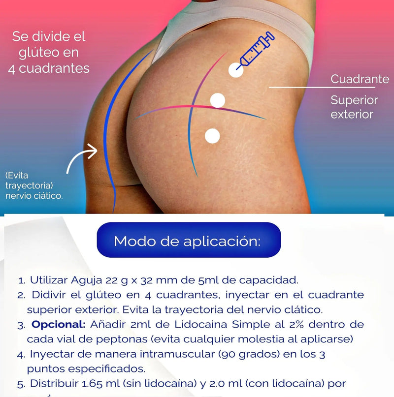 PEPTONAS - Crecimiento de fibras musculares en glúteos, incrementa volumen y tono muscular - caja con 5 frascos de 10 ml- SPA Premium - mesoterapia